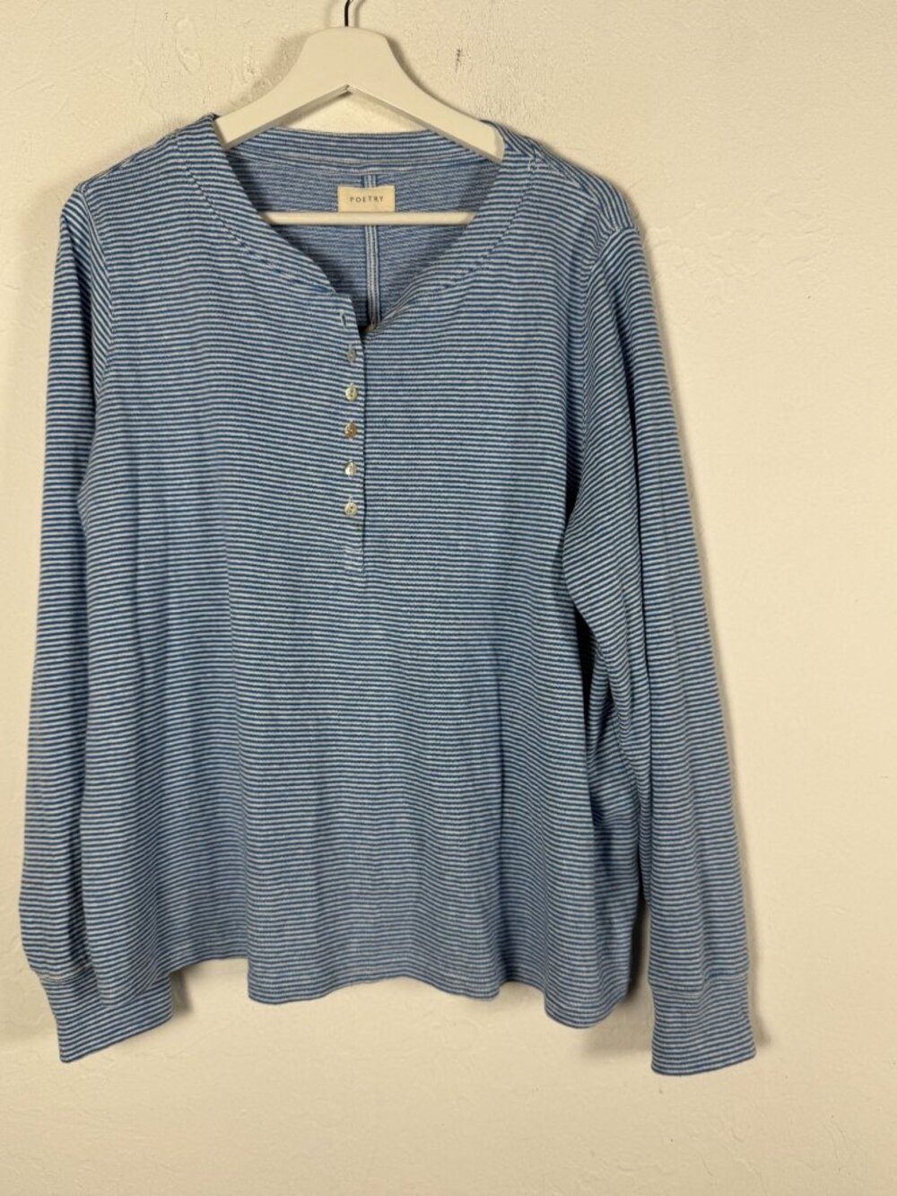 Poetry Womens Hemp Organic Cotton Striped Henley Top Blue White Size 14 Casual